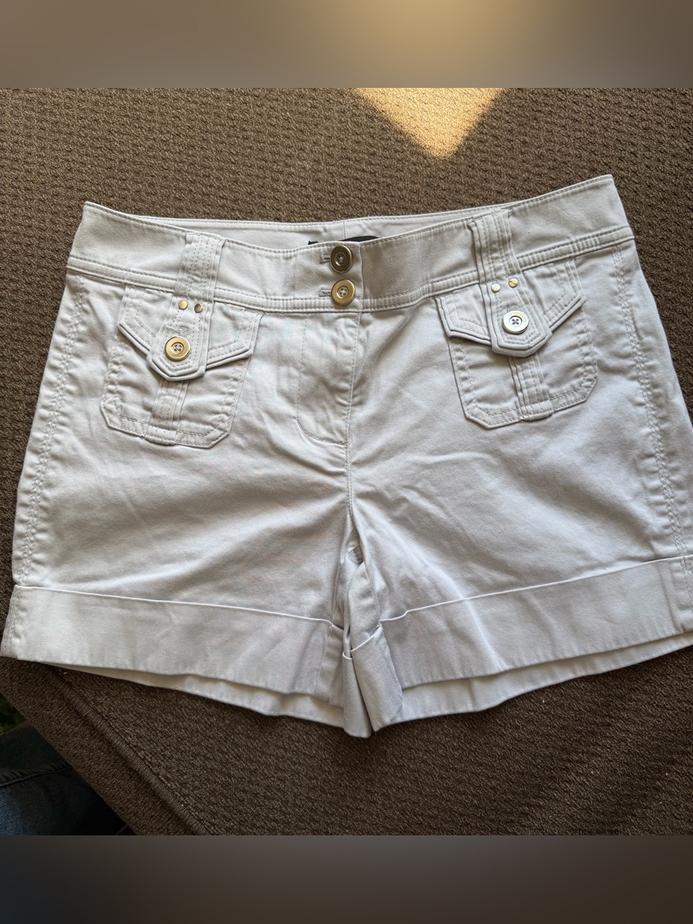 White House Black Market White Cotton Bermuda Shorts with Button Pocket Details